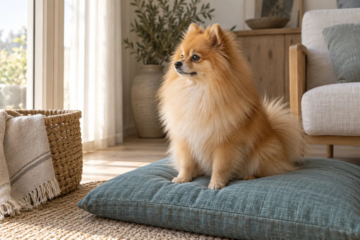 An orange sable Pomeranian sitting on a teal cushion beside a bright window