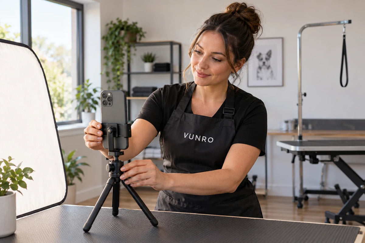 Illustrative creator adjusting a vertical phone beside a window in a grooming studio.