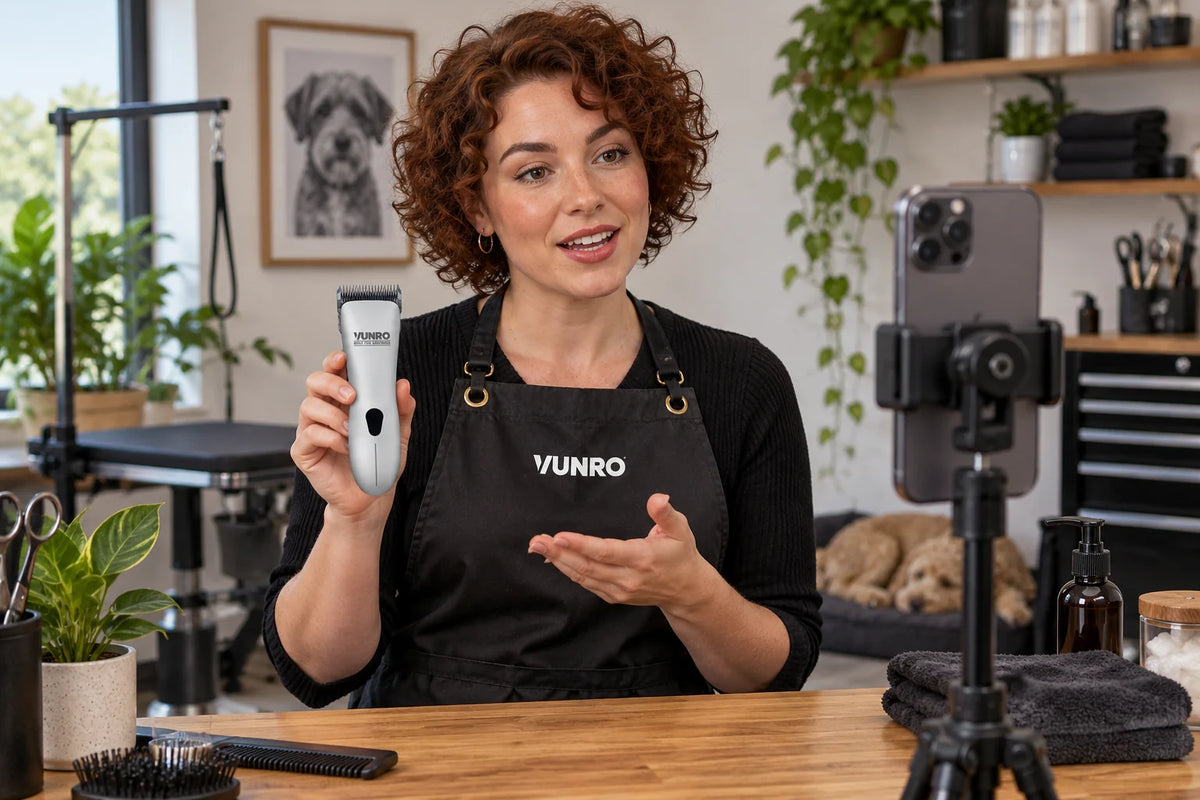 Illustrative creator presenting a source-referenced VUNRO D-Series clipper to a vertical camera.